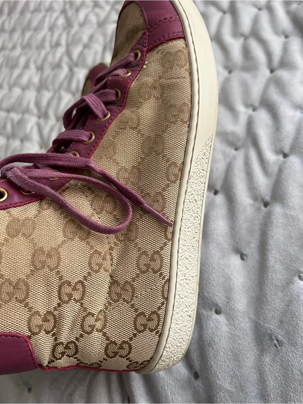 Gucci Beige GG Canvas High-Top Sneakers with Pink Trim